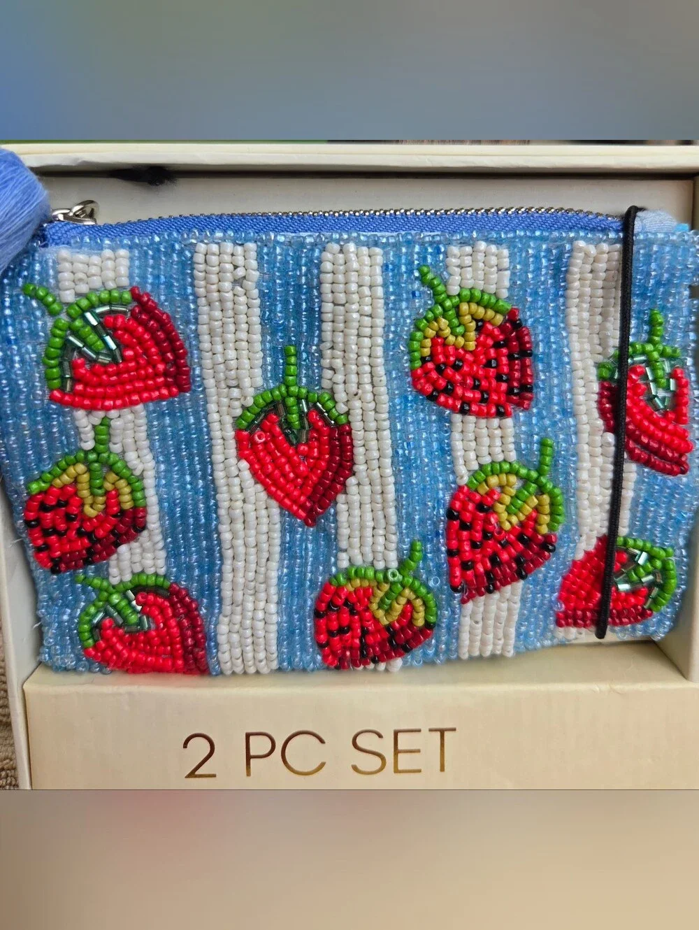 Beaded Strawberry Clutch with Blue & White Stripes